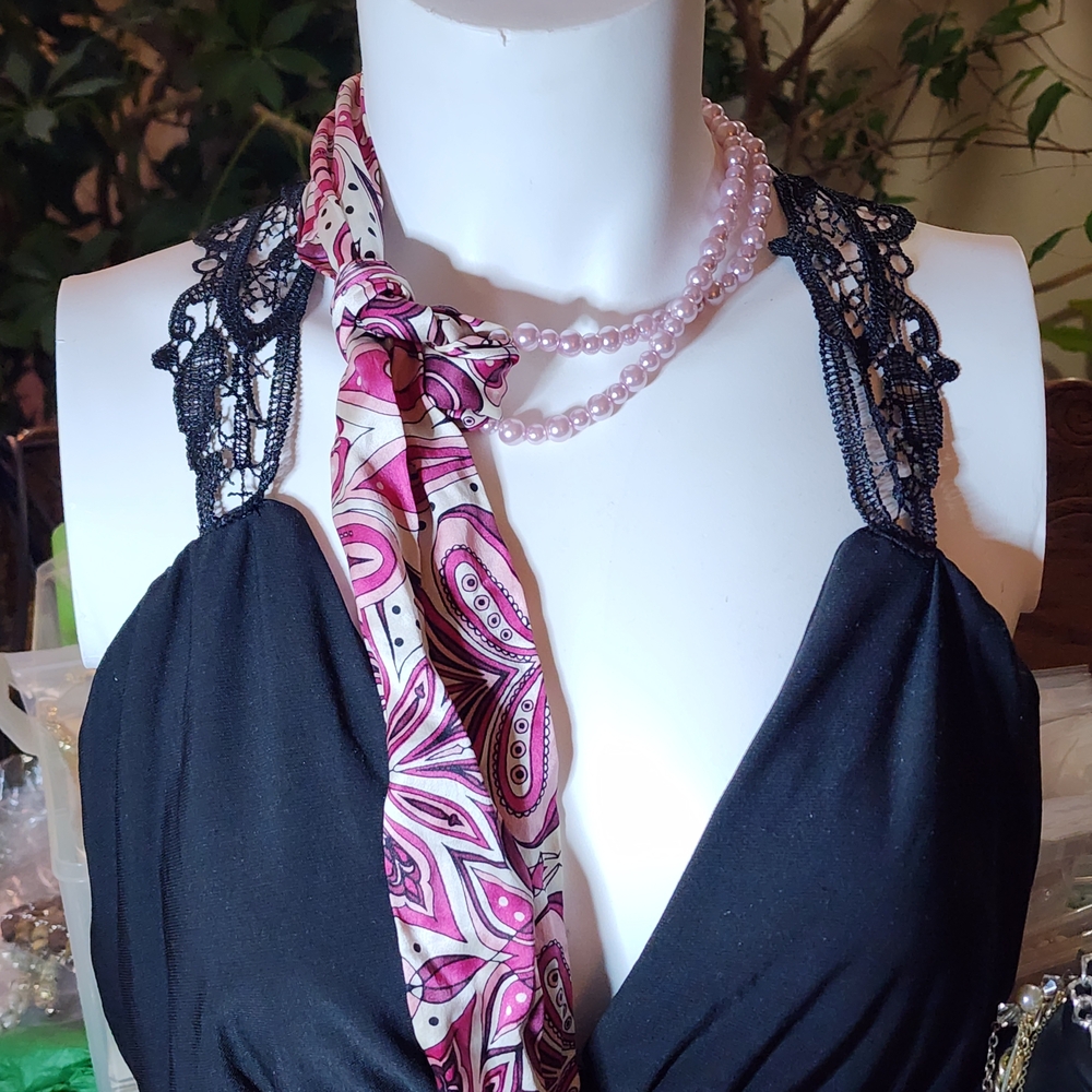 Vintage Pink and Black Paisley Scarf With Attached Pink Faux Glass Pearls